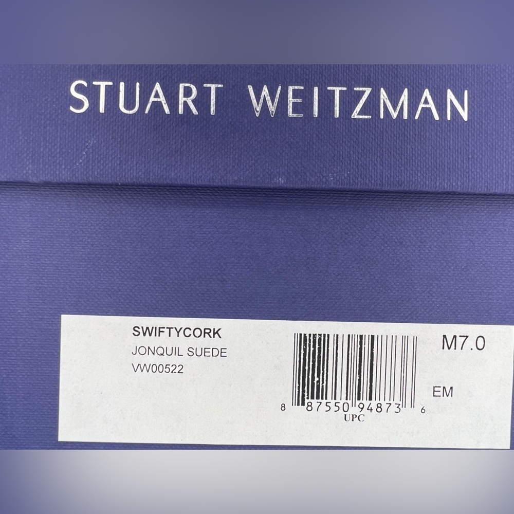 Stuart Weitzman Swiftycork Jonquil Yellow Suede Cork Heel Sandals Sz 7 M Box - Picture 7 of 8